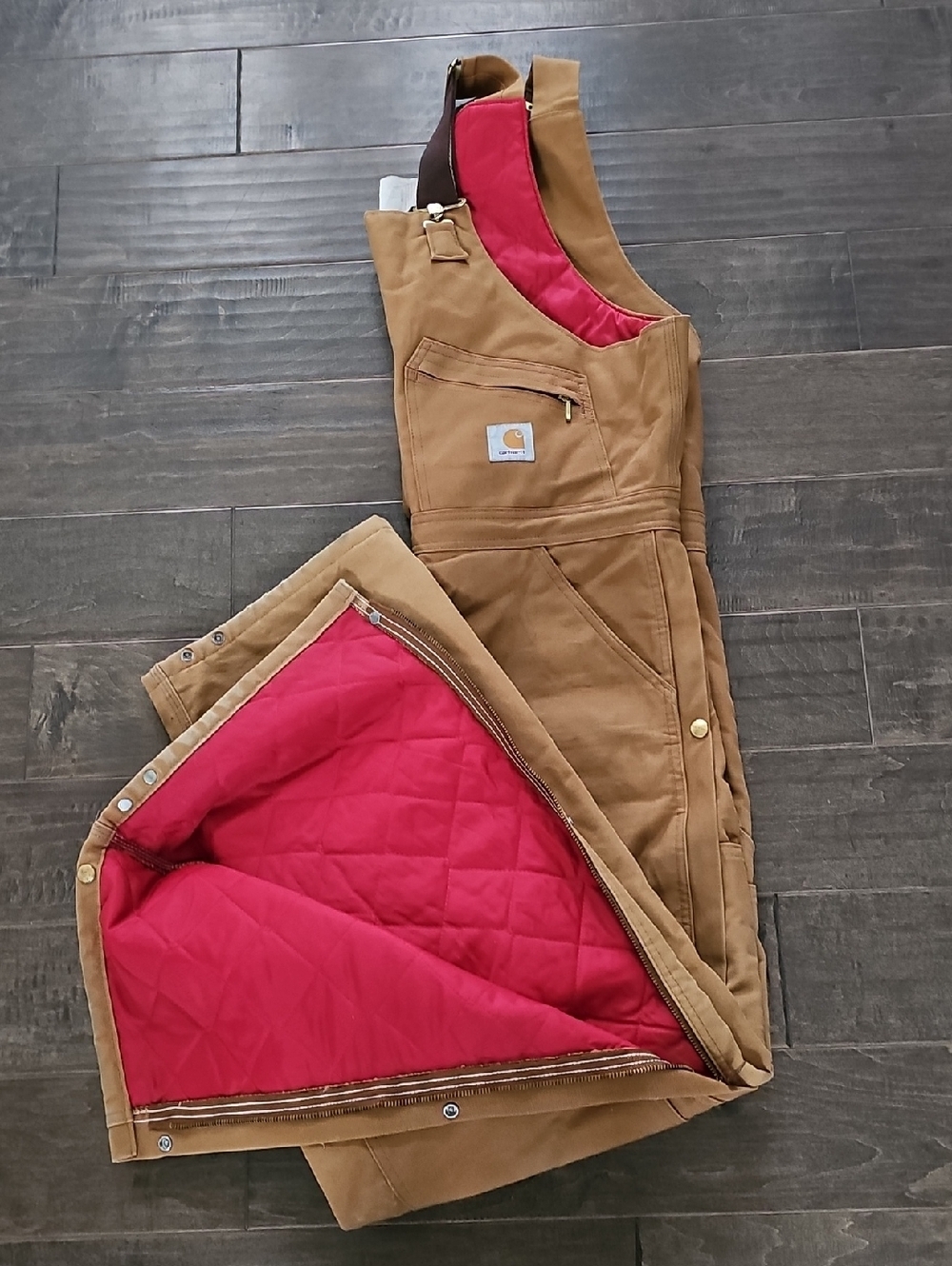 VINTAGE Beautiful Carhartt Brown Duck Bib Overalls with Red Lining Sz 40 X 30 - Picture 12 of 14